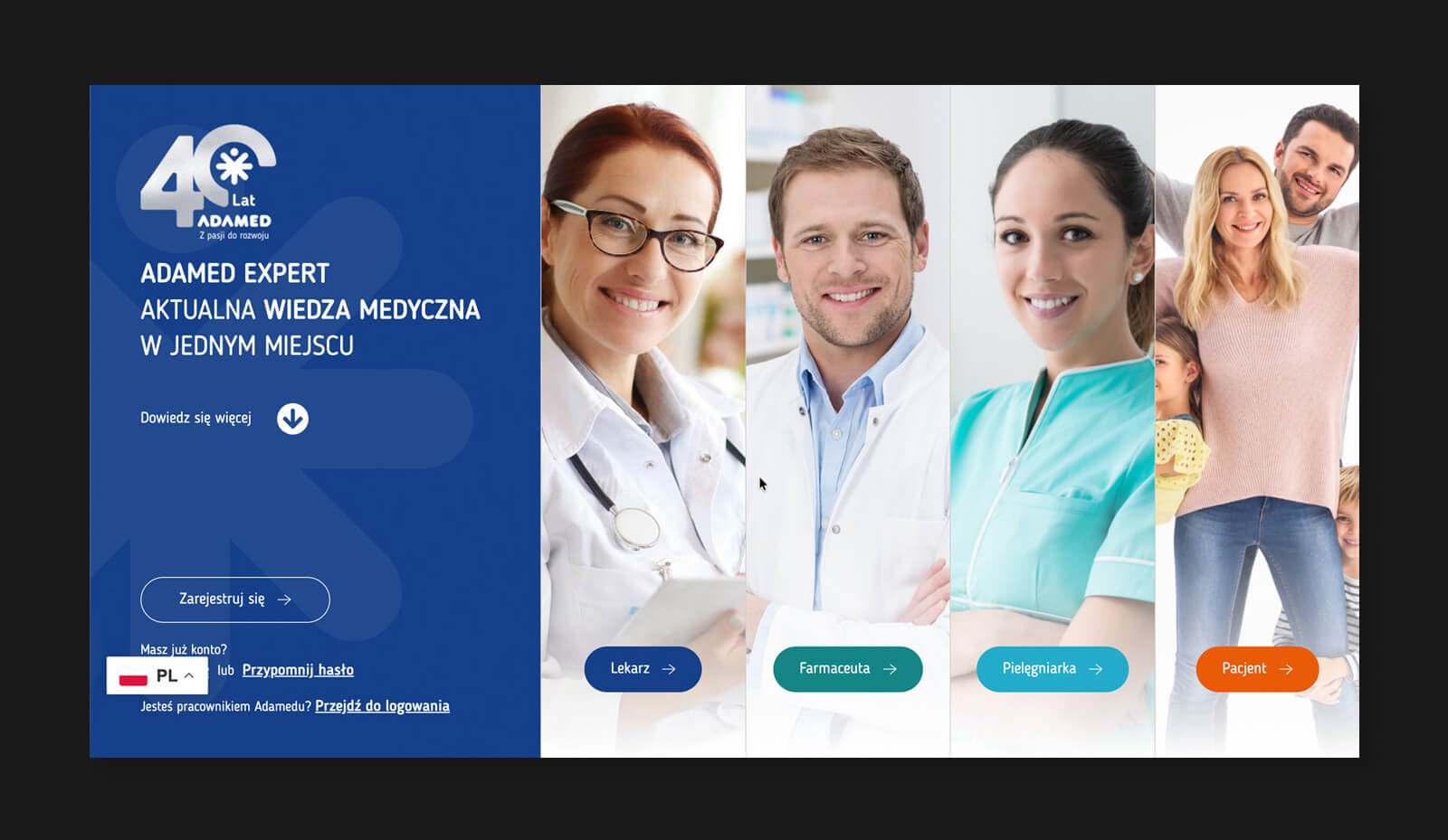 Mockup of the Adamed Expert homepage with sections for doctors, pharmacists, nurses, and patients.