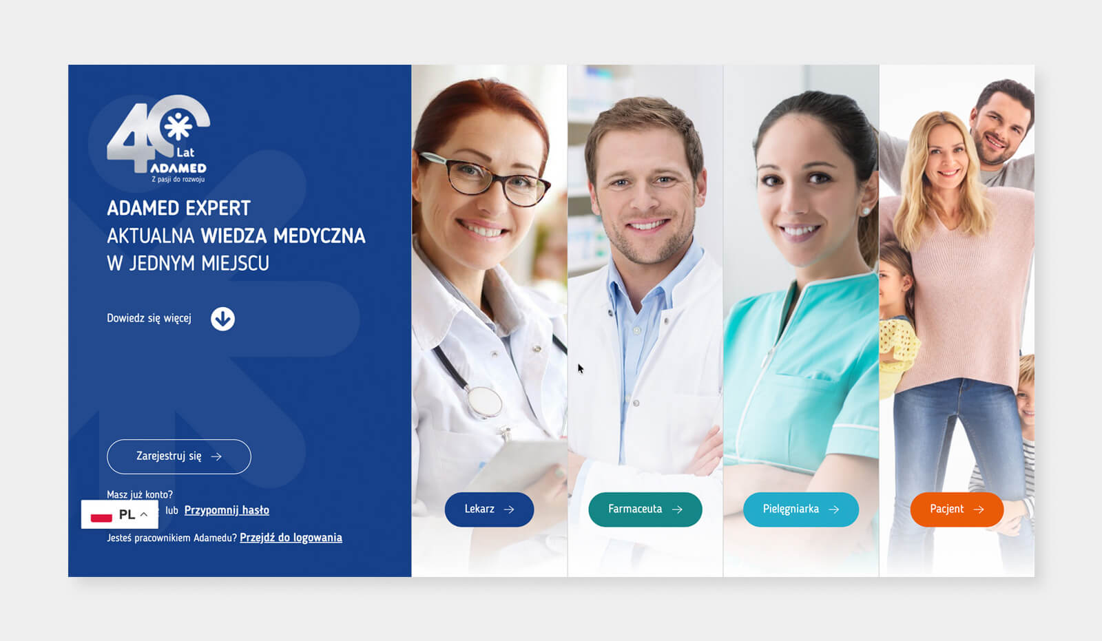 Mockup of the Adamed Expert homepage with sections for doctors, pharmacists, nurses, and patients.