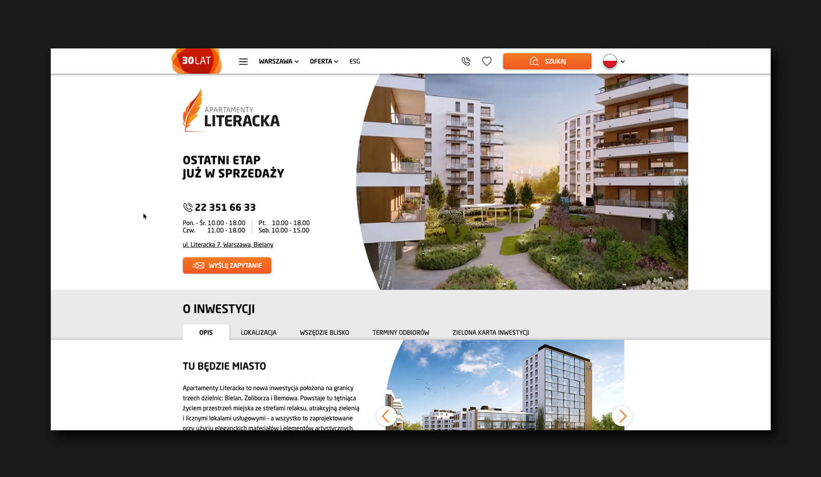 screenshot of the Dom Development website showing the Apartamenty Literacka investment section
