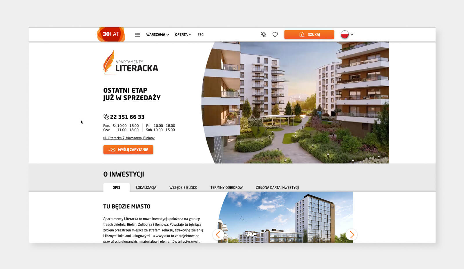 screenshot of the Dom Development website showing the Apartamenty Literacka investment section