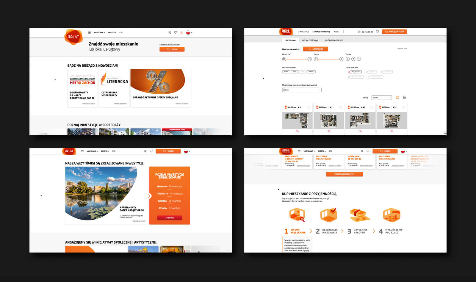 A mockup of several views of the Dom Development website based on the Kentico Xperience platform