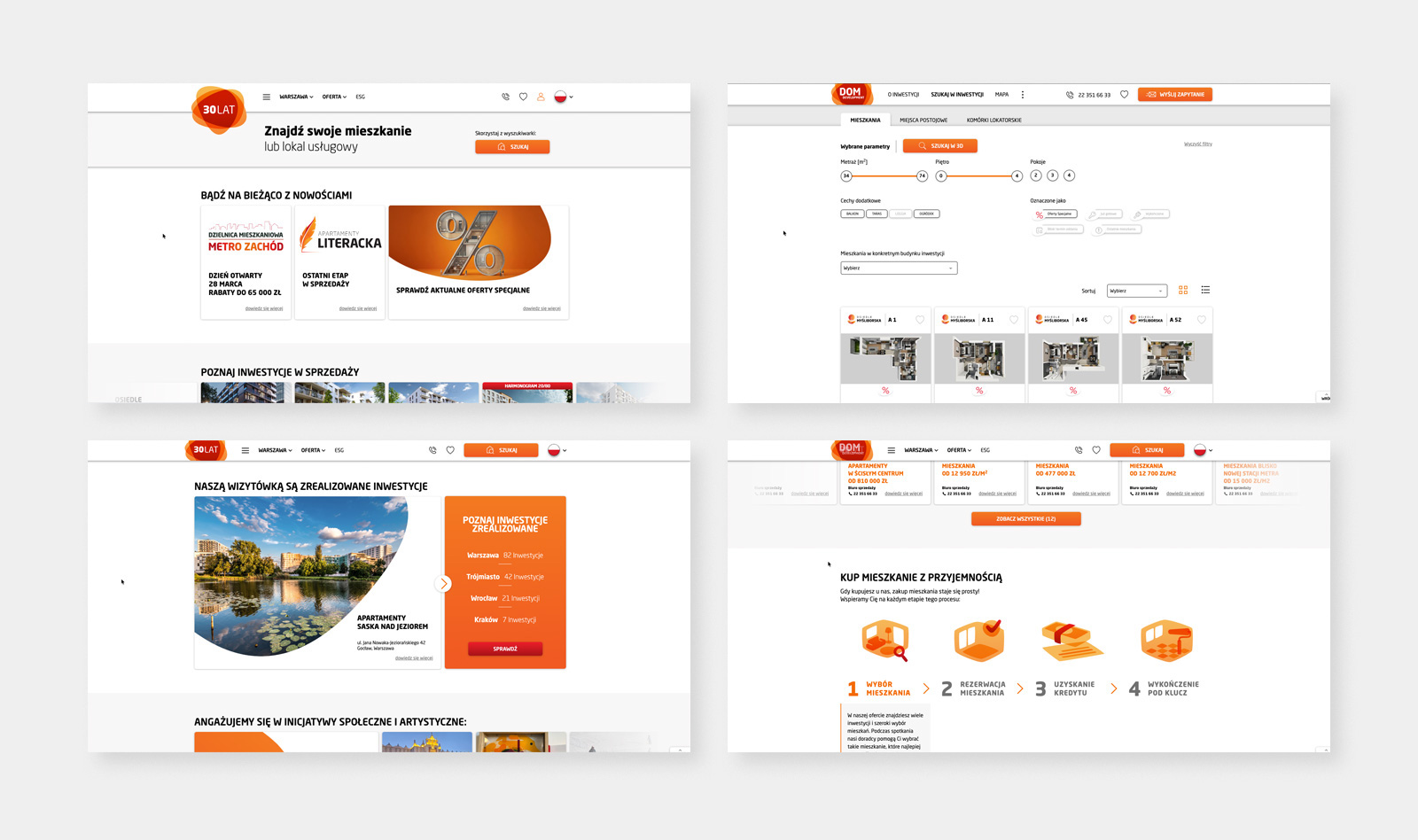 A mockup of several views of the Dom Development website based on the Kentico Xperience platform